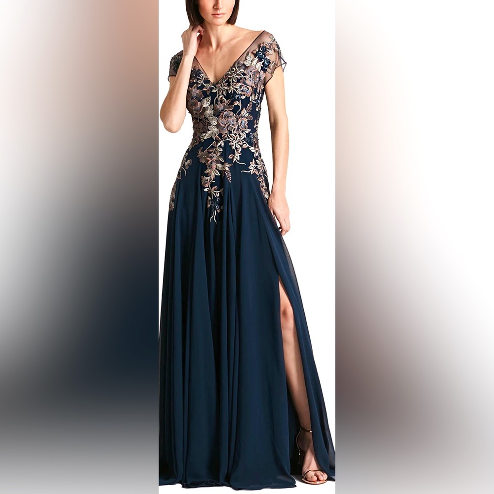 Mother of the bride dress. Steel blue color with embroidered top.